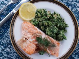 Salmon Fillets with Cauliflower Rice and Spinach Recipe Salmon with cauliflower rice and spinach is a low carb meal.
