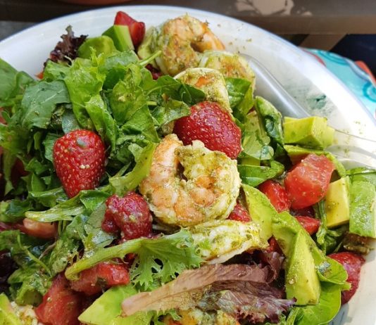 Shrimp and Avocado Salad with Strawberries and Basil Vinaigrette Shrimp, Avocado and Strawberry Salad with Basil Vinaigrette makes an elegant, summer salad.